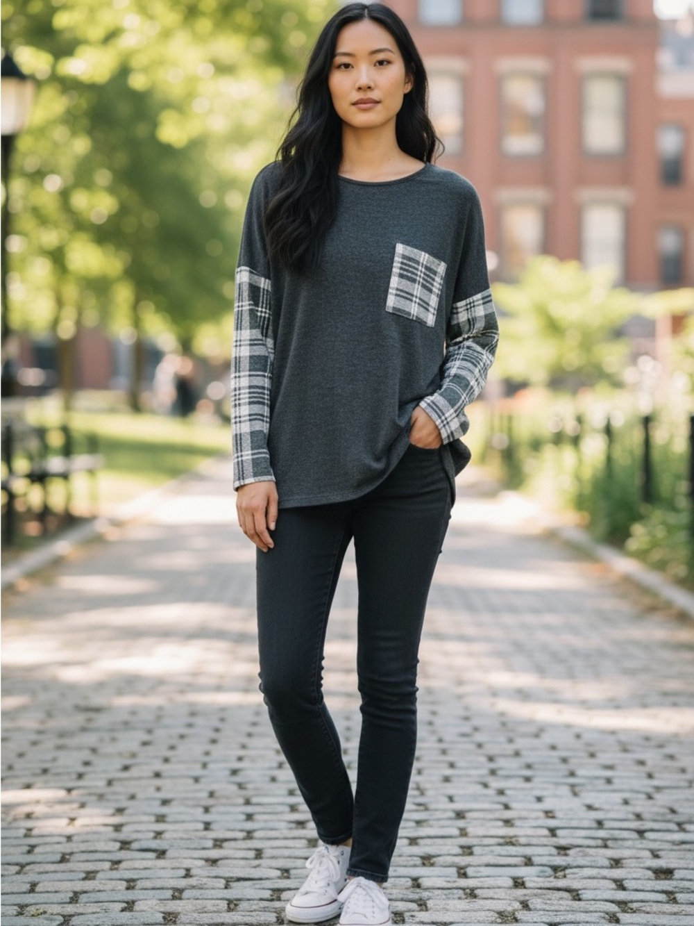MTS Charcoal Plaid Contrast Pocket Long Sleeve Top Size Small NWOT